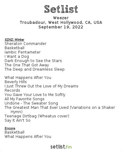 Weezer Setlists in 2022. Overview. Statistics. Songs. Setlists. Empty Setlists. Tours. Edit. All Upcoming Past 2005 2008 2009 2010 2011 2012 2013 2014 …